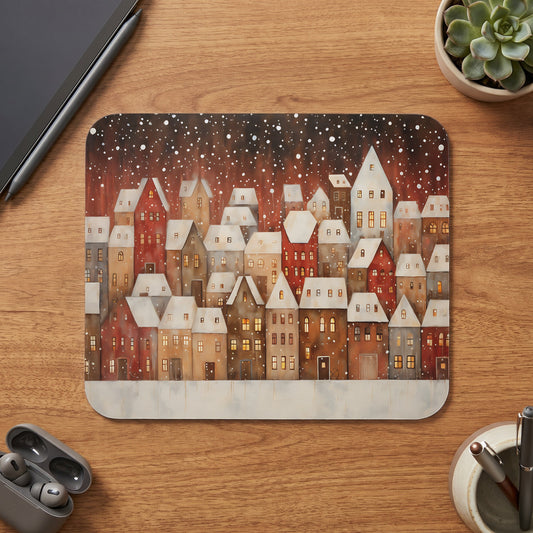 Watercolor illustration of snow-covered buildings with lit windows and falling snow.
