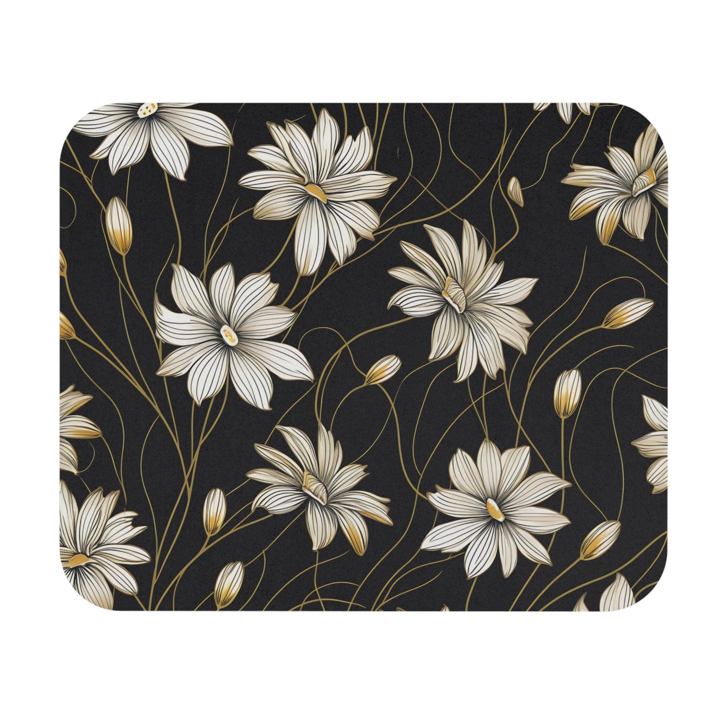 Floral pattern with white and gold flowers on a textured dark background.