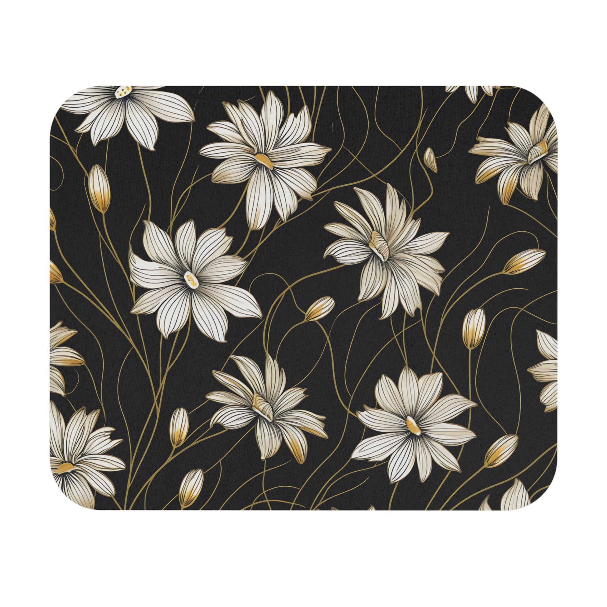Floral pattern with white and gold flowers on a textured dark background.