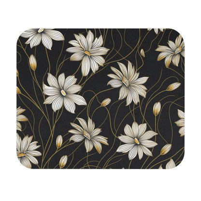 Floral pattern with white and gold flowers on a textured dark background.