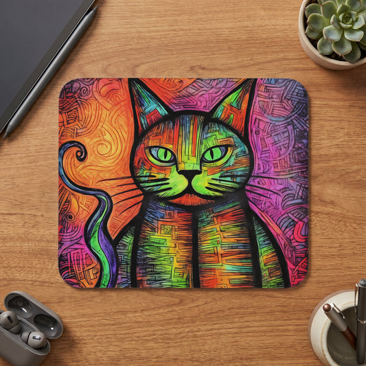 Rectangular mousepad featuring a colorful, patterned cat illustration rests on a wooden desk.