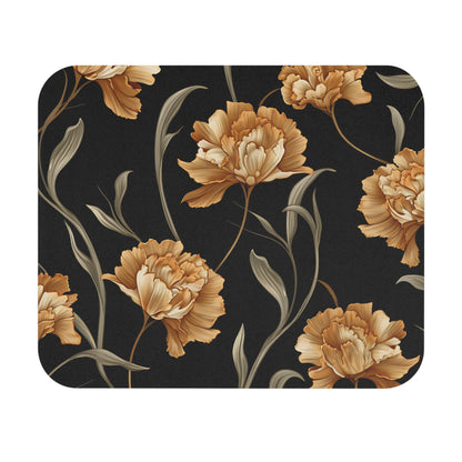 Floral pattern with golden brown flowers on a dark textured background.