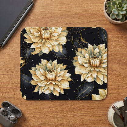 Floral pattern mousepad with gold dahlias on a black background.