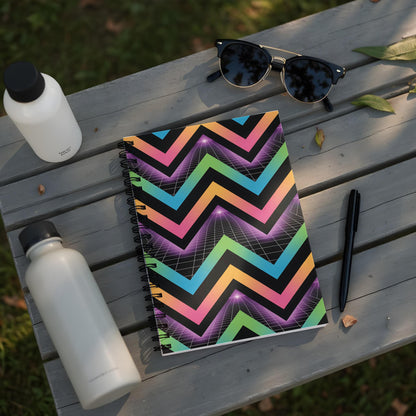 Spiral notebook with vibrant chevron pattern and futuristic grid design.