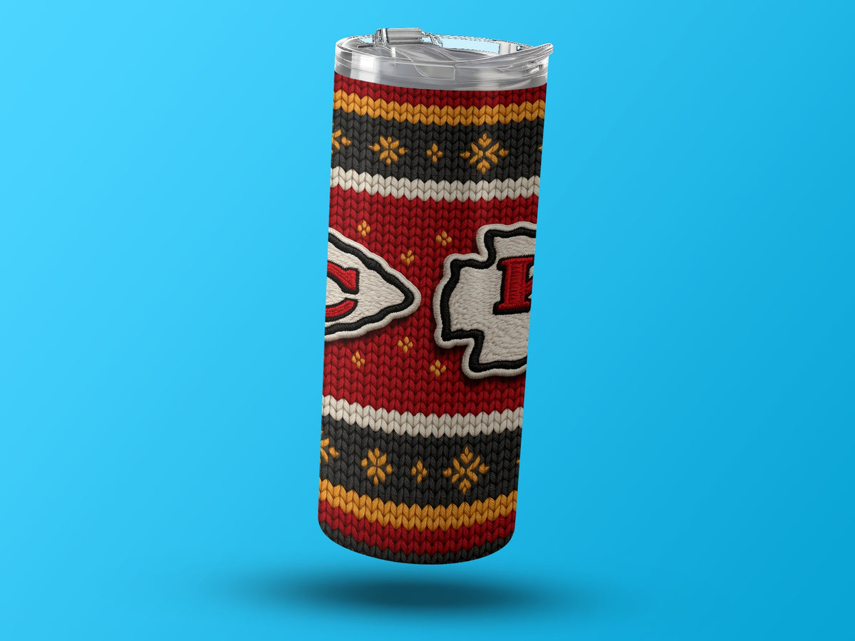 Kansas City Chiefs tumbler with knit pattern and logo.