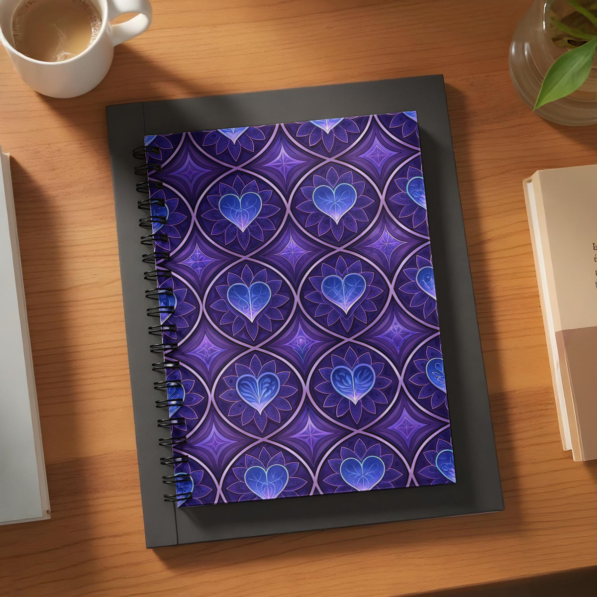 Spiral notebook with a purple geometric heart pattern.
