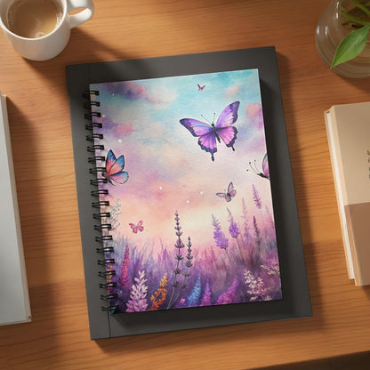 Spiral-bound notebook with purple butterflies over lavender field and colorful sky.