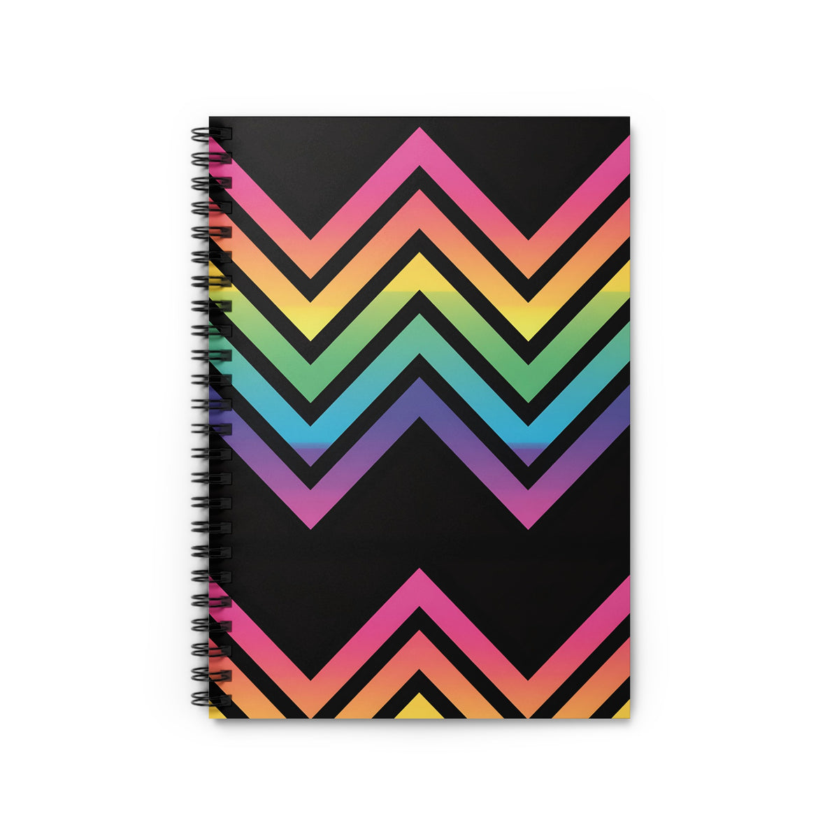 Spiral-bound notebook with a black cover featuring a rainbow chevron pattern.