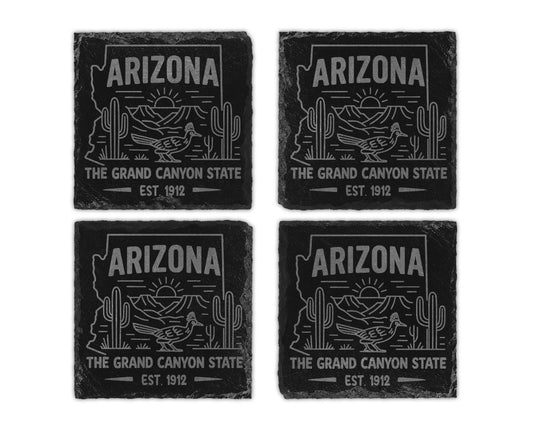 Four Arizona slate coasters with cacti, roadrunner, mountains, and "Est. 1912" text.
