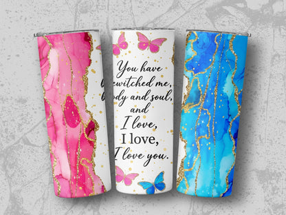 Tumblers with pink and blue marble designs, and text "You have bewitched me".