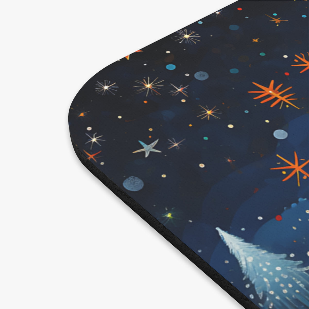 A white Christmas tree sparkles in a dark blue night sky with scattered colorful stars.