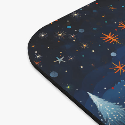 A white Christmas tree sparkles in a dark blue night sky with scattered colorful stars.