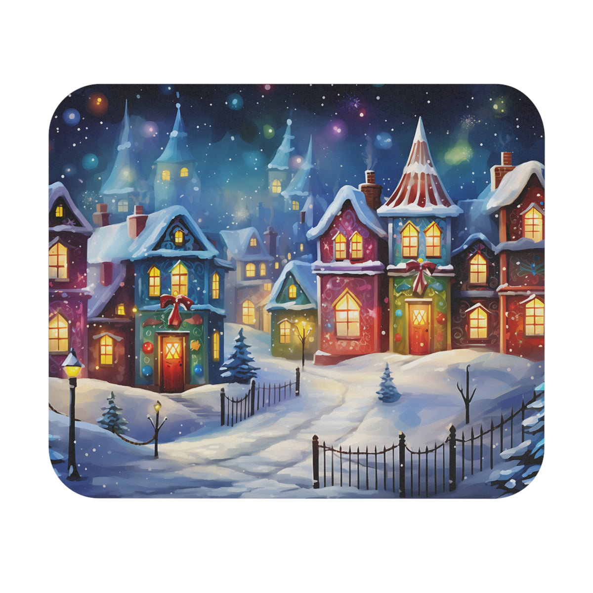 Whimsical snow-covered village with glowing windows under a starry night sky.