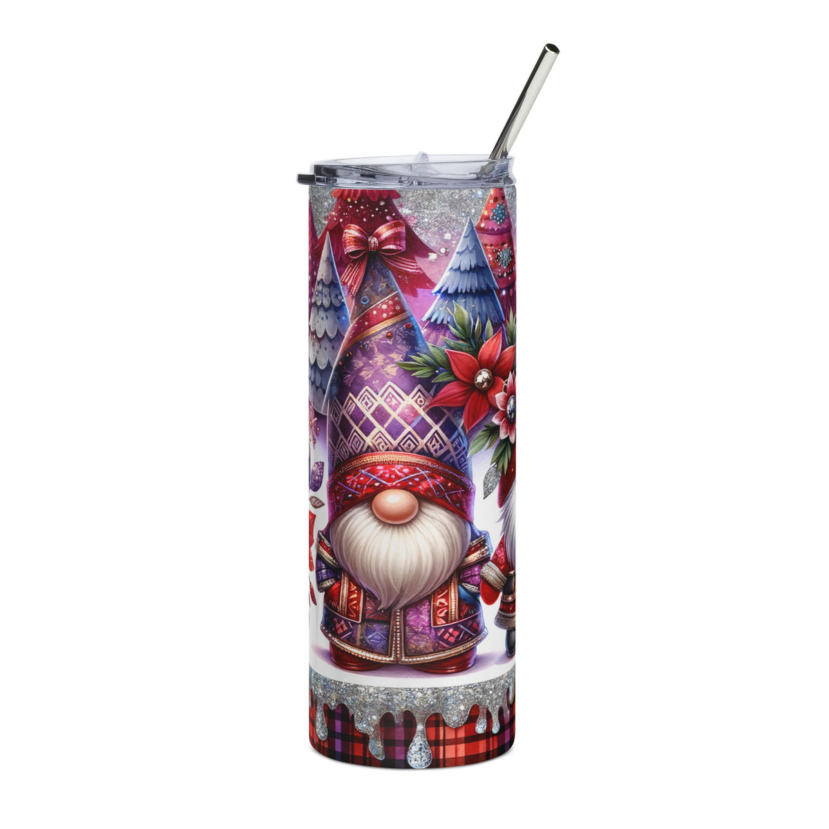 Tall tumbler with Christmas gnome and tree design, featuring a metal straw.