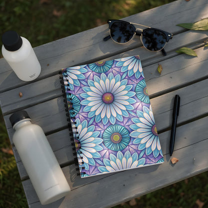 Spiral notebook with colorful floral pattern next to water bottles, sunglasses, and pen.