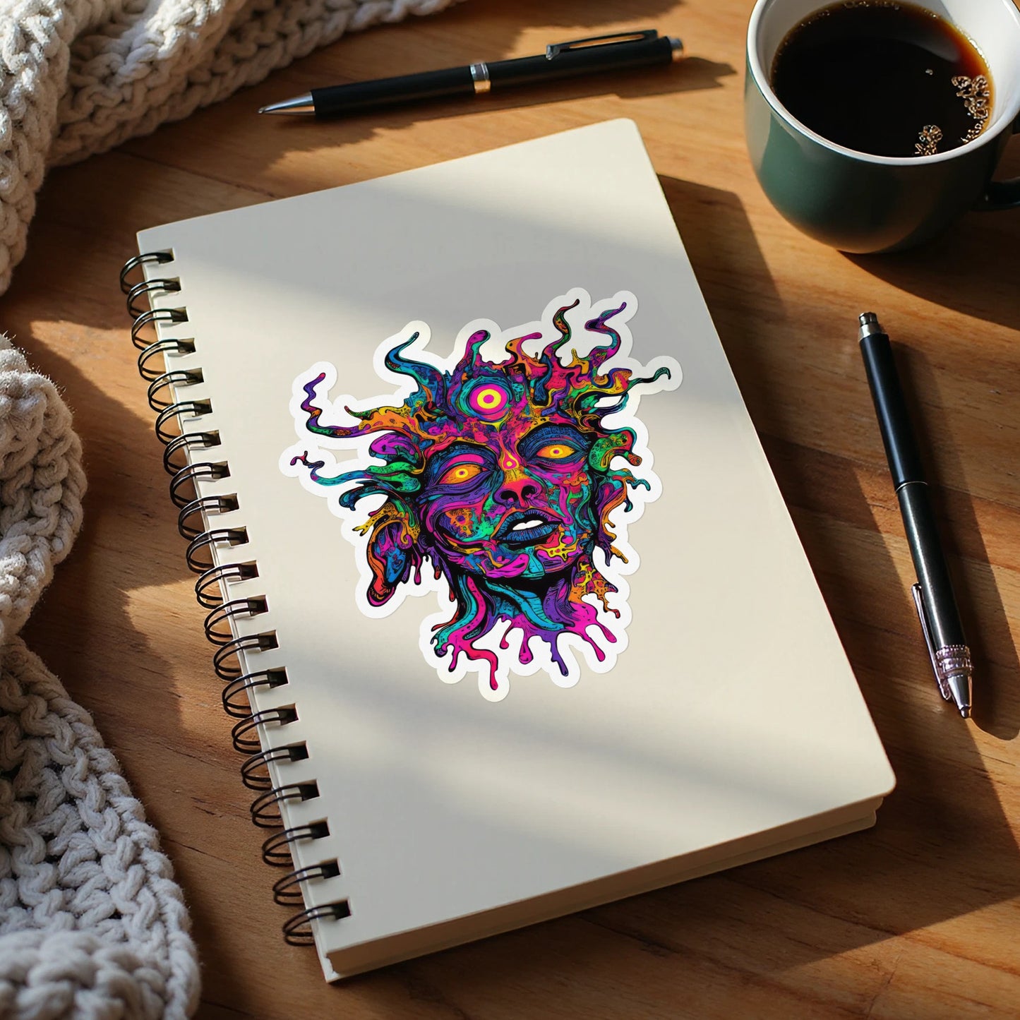Vibrant, psychedelic sticker of a distorted face with glowing yellow eyes on a notebook.