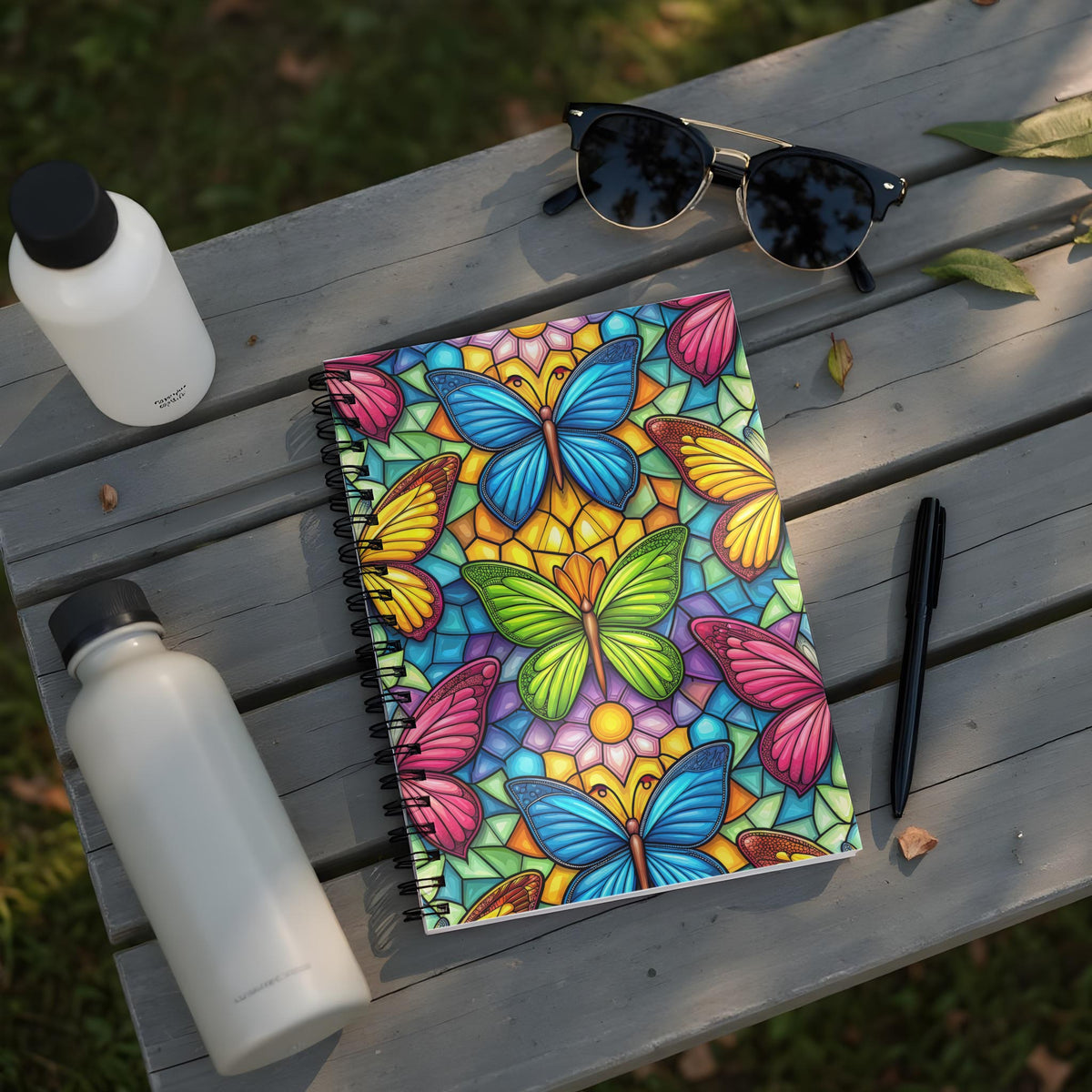 Spiral notebook with colorful stained-glass butterfly design on wooden bench.
