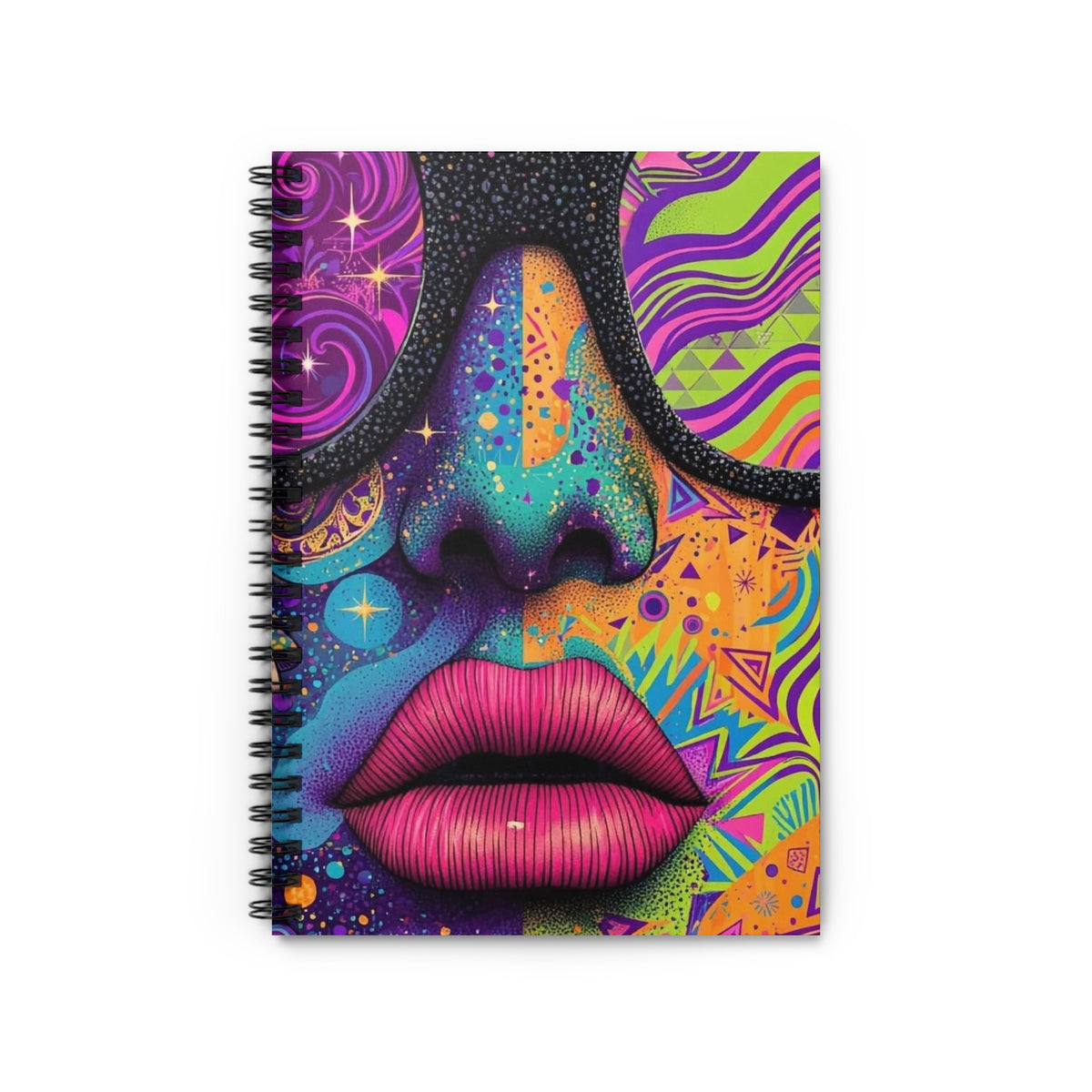 Spiral bound notebook with a vibrant, abstract face design and colorful geometric patterns.