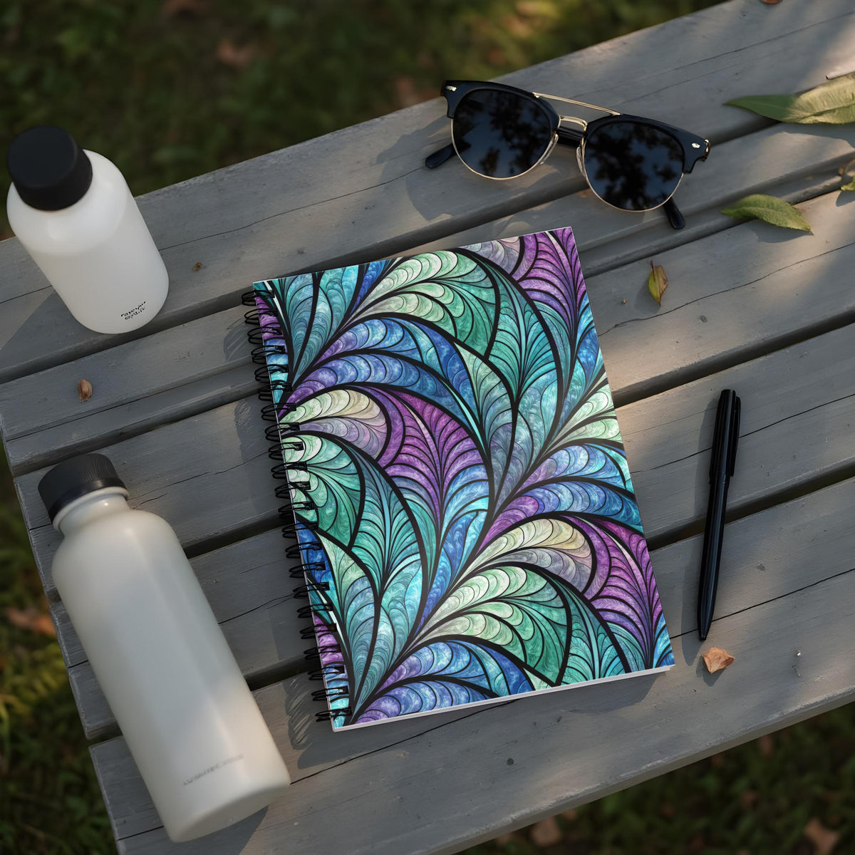 Spiral notebook with stained glass feather pattern on a wooden table.