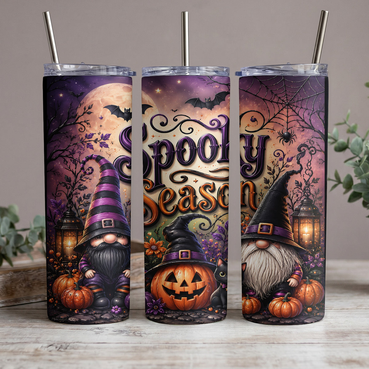 Three Halloween-themed tumblers feature gnomes, pumpkins, bats, and the text "Spooky Season."