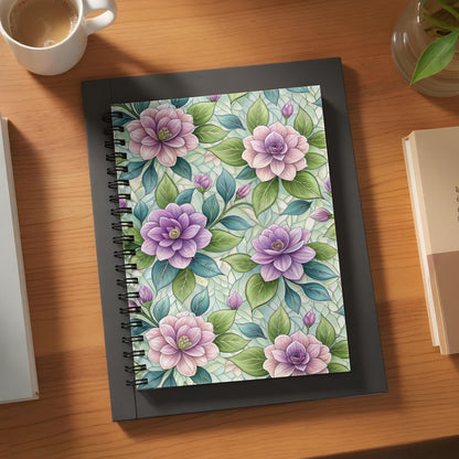 Spiral notebook with purple and pink floral pattern on a desk.