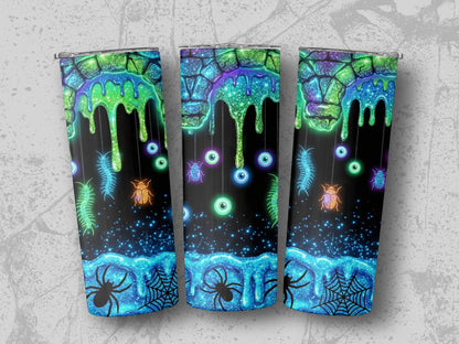 Tumblers with Halloween slime, bugs, eyeballs, spiders, and cobwebs.