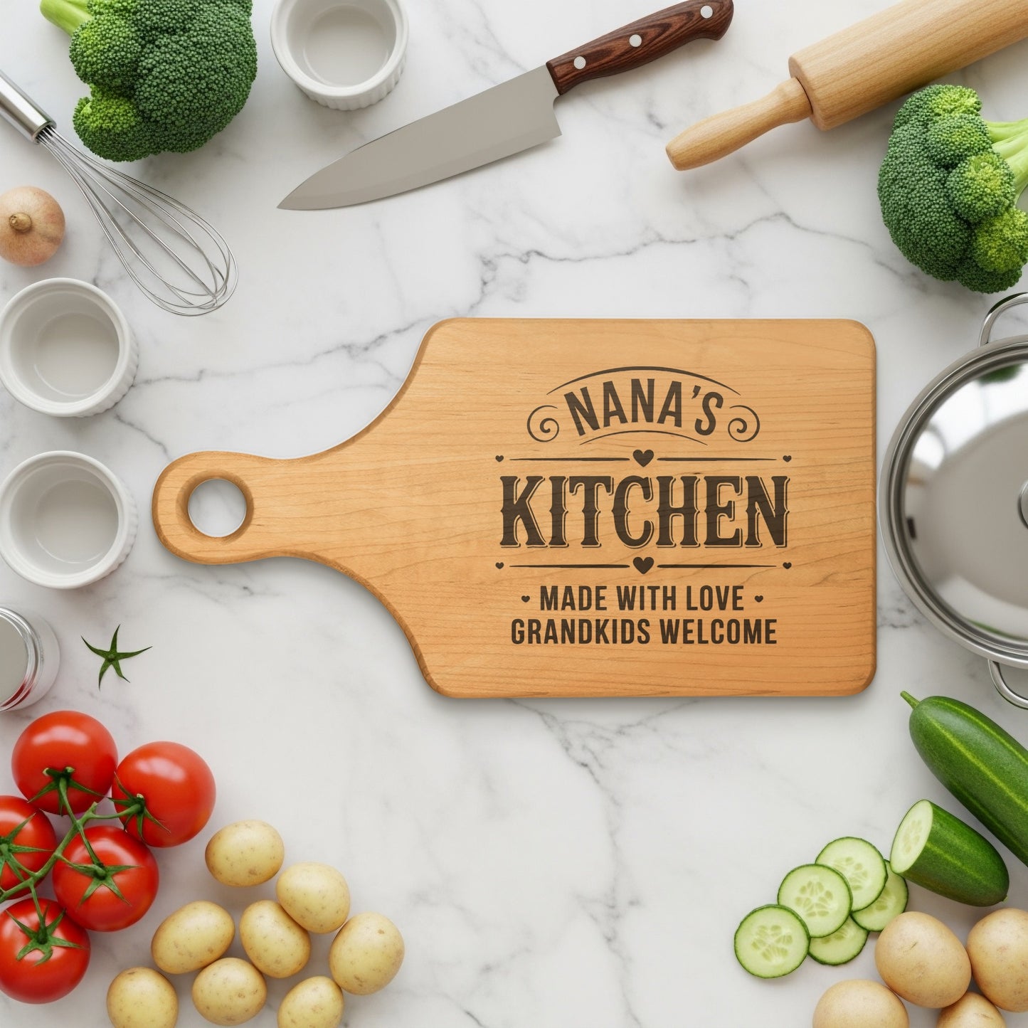 Wooden cutting board with "Nana's Kitchen" and "Grandkids Welcome" etched on it.