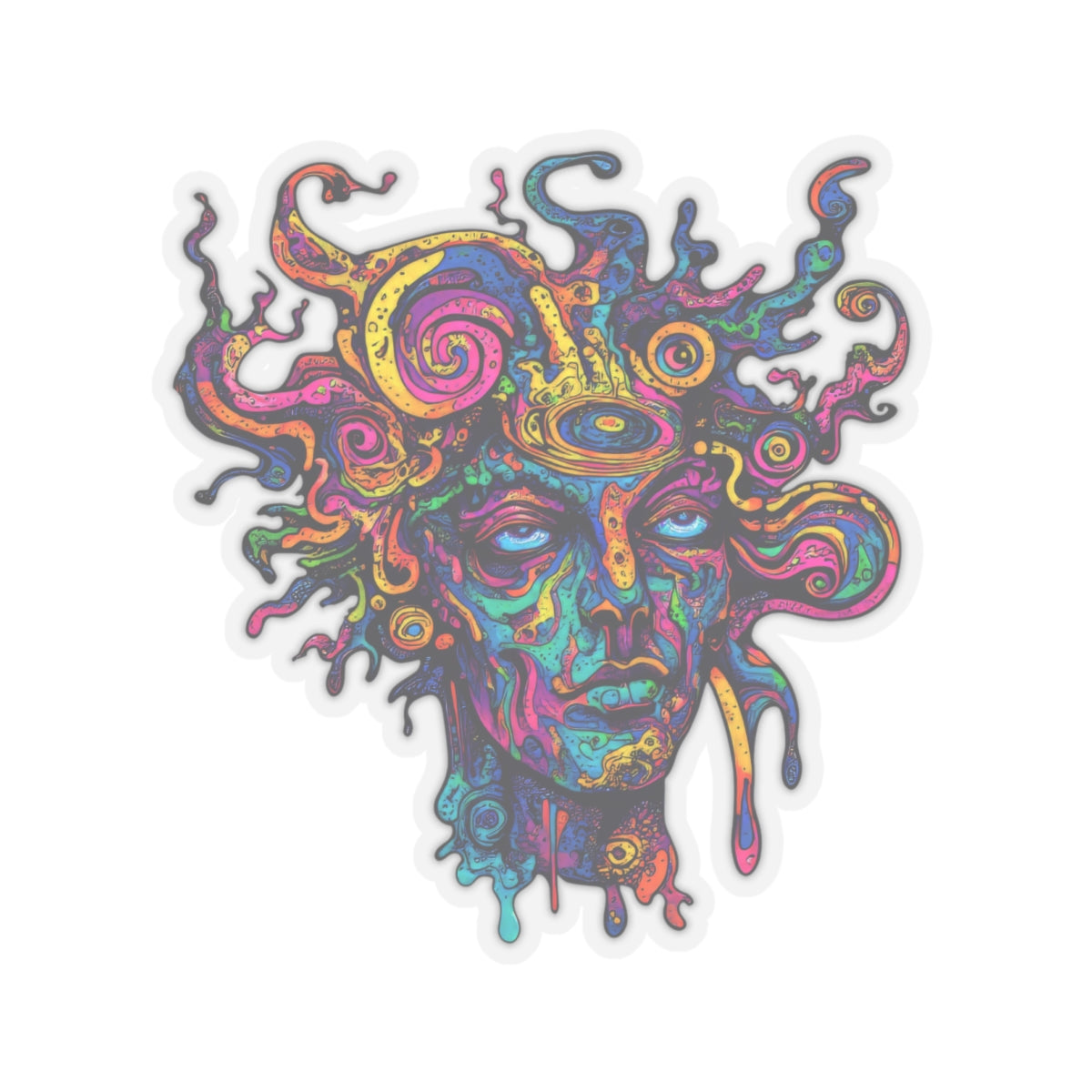 Psychedelic portrait with colorful, swirling hair and an eye on the forehead.