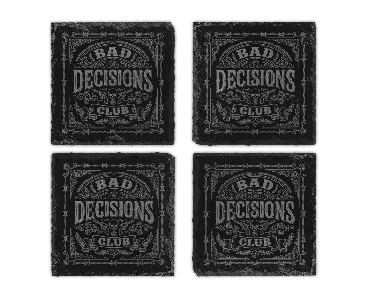 Four slate coasters with "Bad Decisions Club" text and skull and guns design.