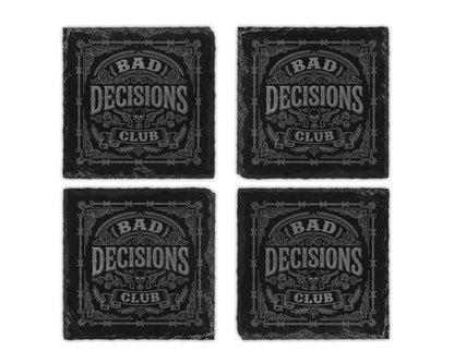 Four slate coasters with "Bad Decisions Club" text and skull and guns design.