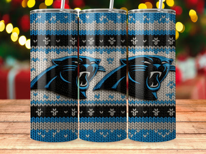 Carolina Panthers tumblers with a knitted sweater design and Christmas lights.