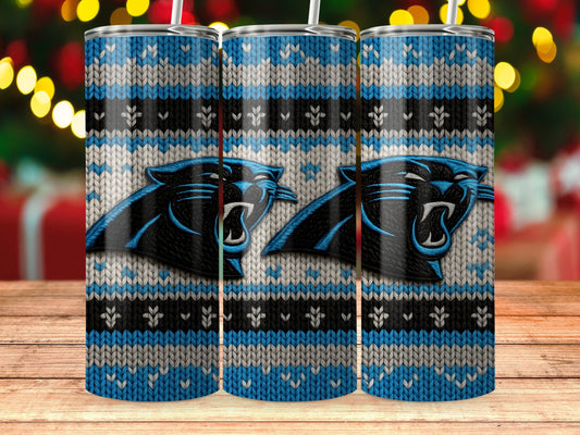 Carolina Panthers tumblers with a knitted sweater design and Christmas lights.