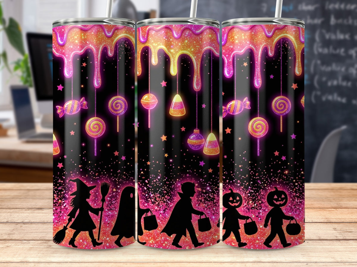 Halloween tumbler with dripping candy, stars, and trick-or-treaters silhouettes.