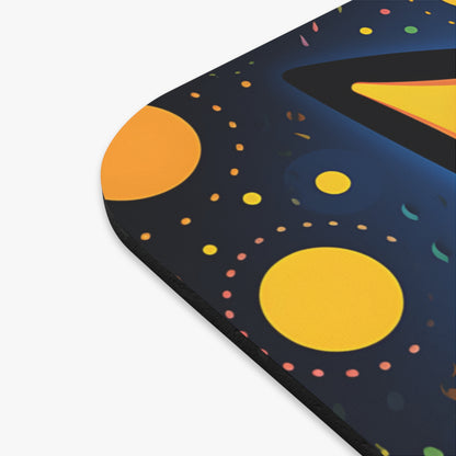 Mousepad with a dark blue background and colorful circles and abstract shapes.