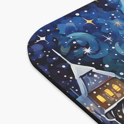 Abstract winter night scene with house and stars on a mousepad.