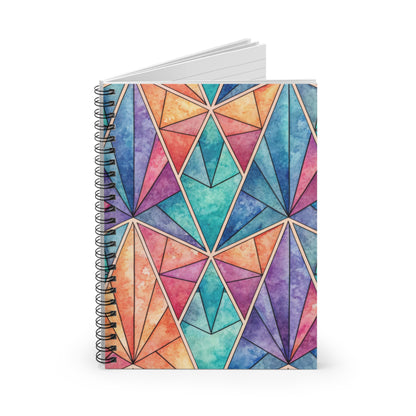Spiral bound notebook with a watercolor geometric stained glass pattern cover.