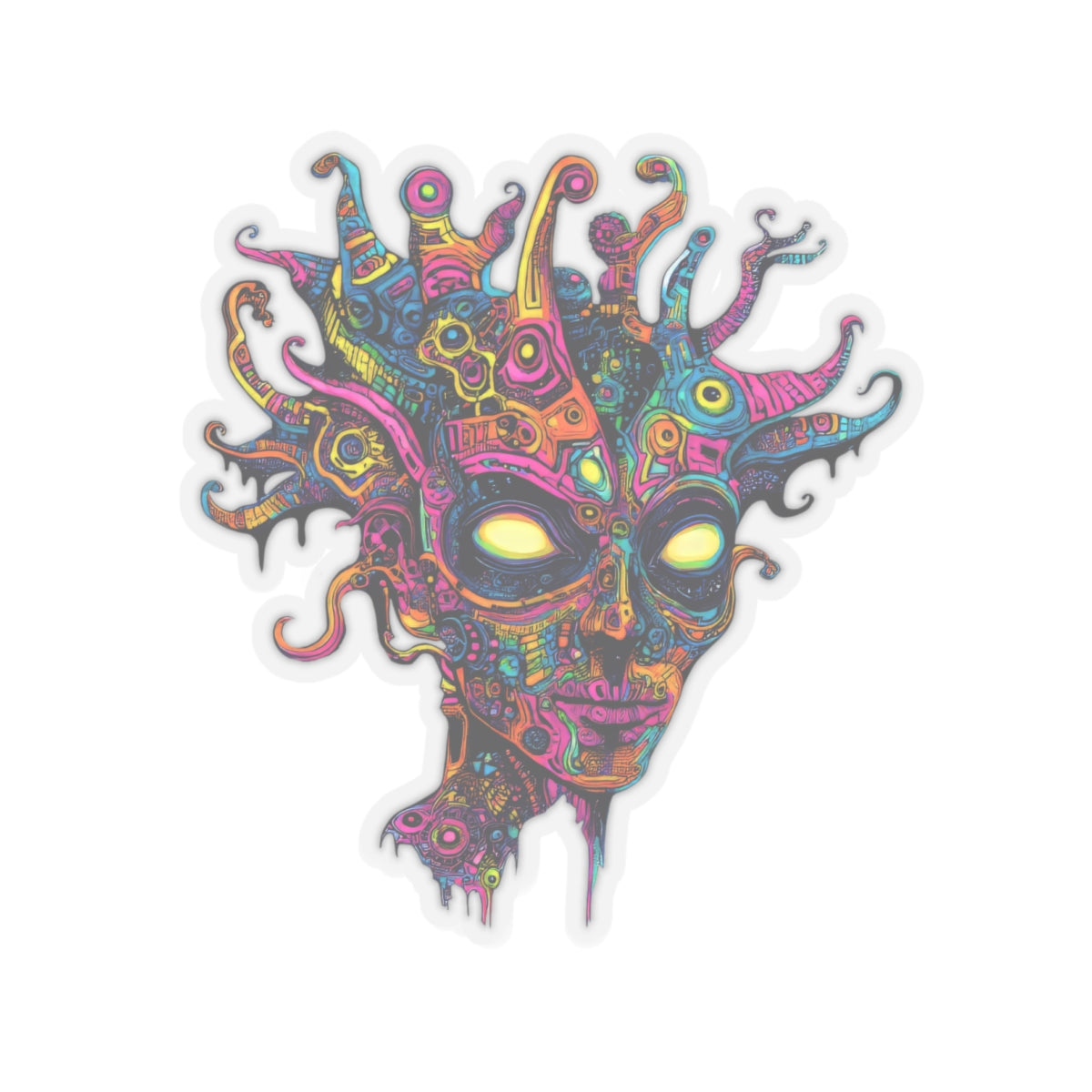 Abstract, colorful, detailed face with glowing yellow eyes and flowing tentacles.