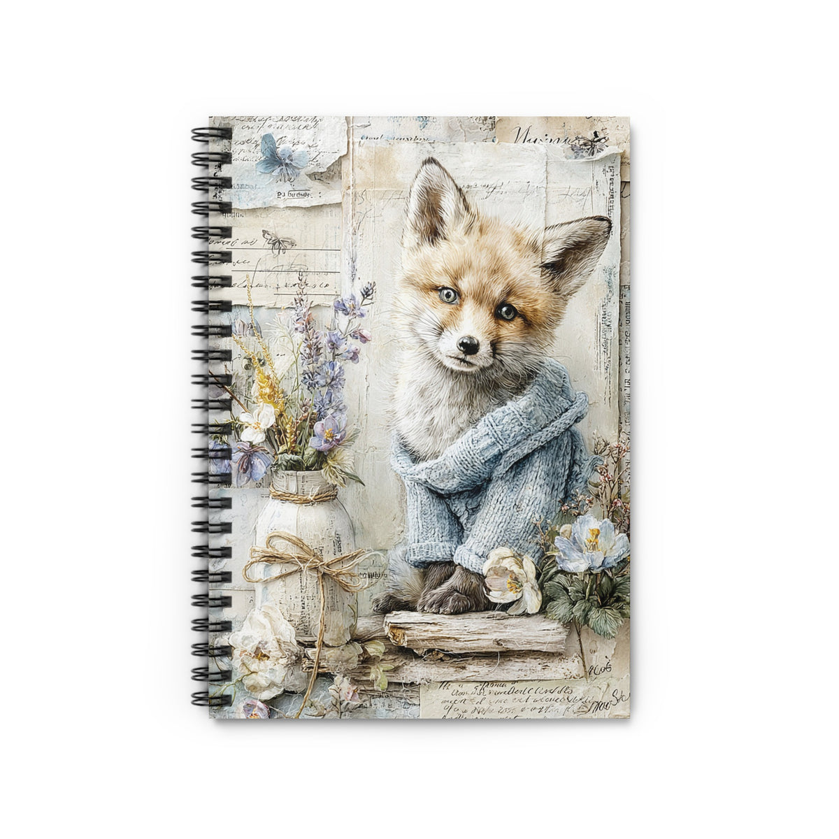 Notebook with a watercolor-style fox wearing a blue sweater and wildflowers.