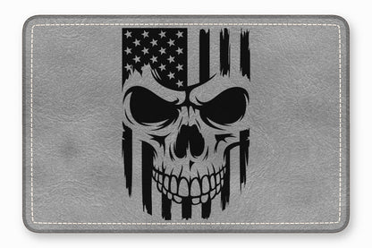 A grey leather patch features a distressed black skull graphic overlaid with the American flag.
