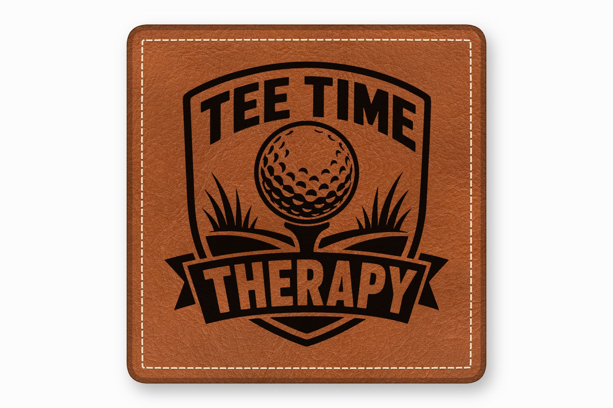 Brown leather patch with rounded corners featuring a black engraved golf emblem and text reading TEE TIME THERAPY.