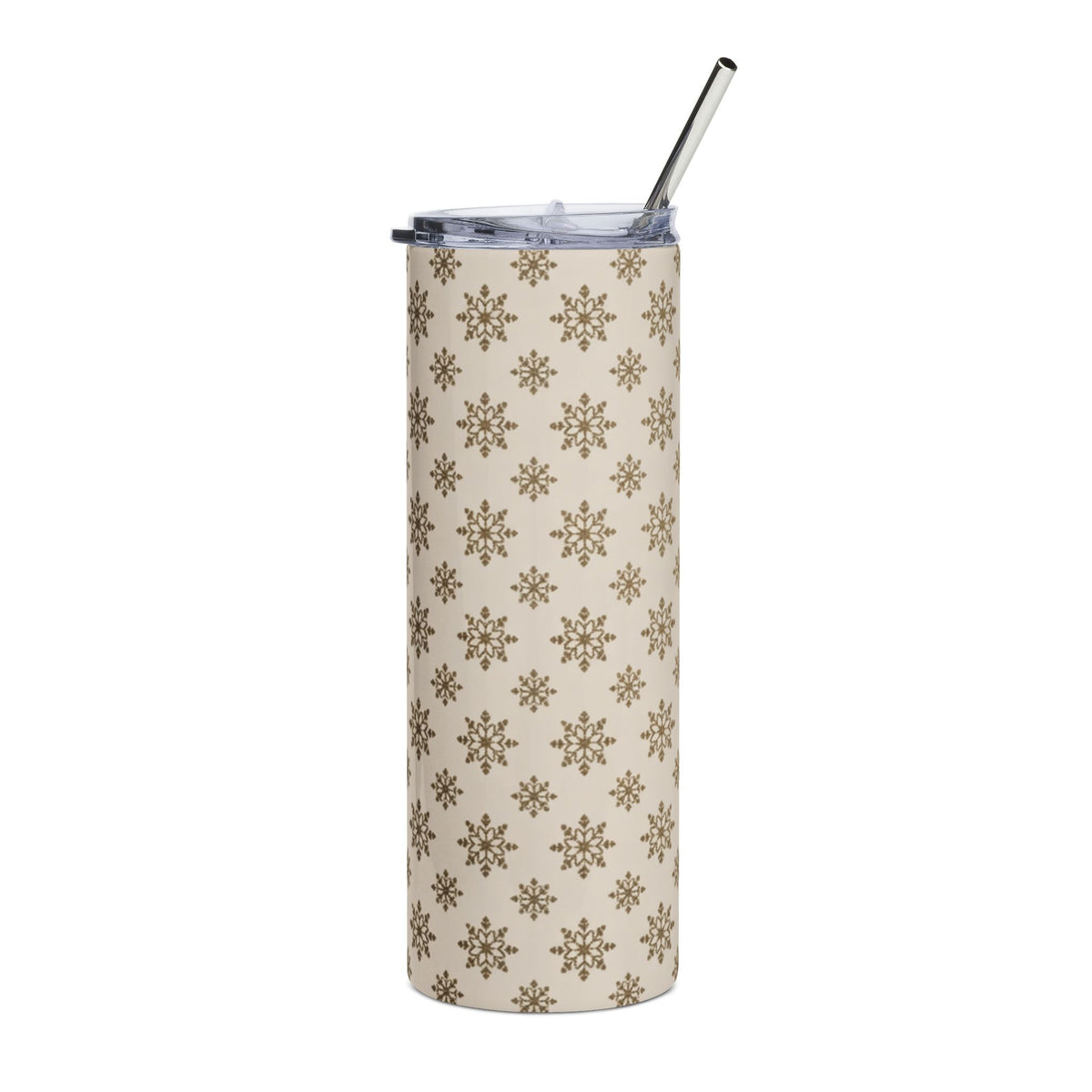 Tan tumbler with repeating gold snowflake pattern and silver straw.