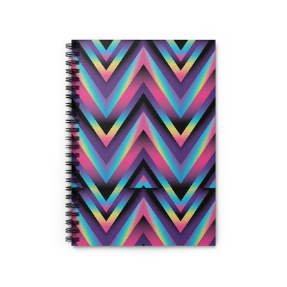 Spiral-bound notebook with a chevron pattern in rainbow gradient colors.