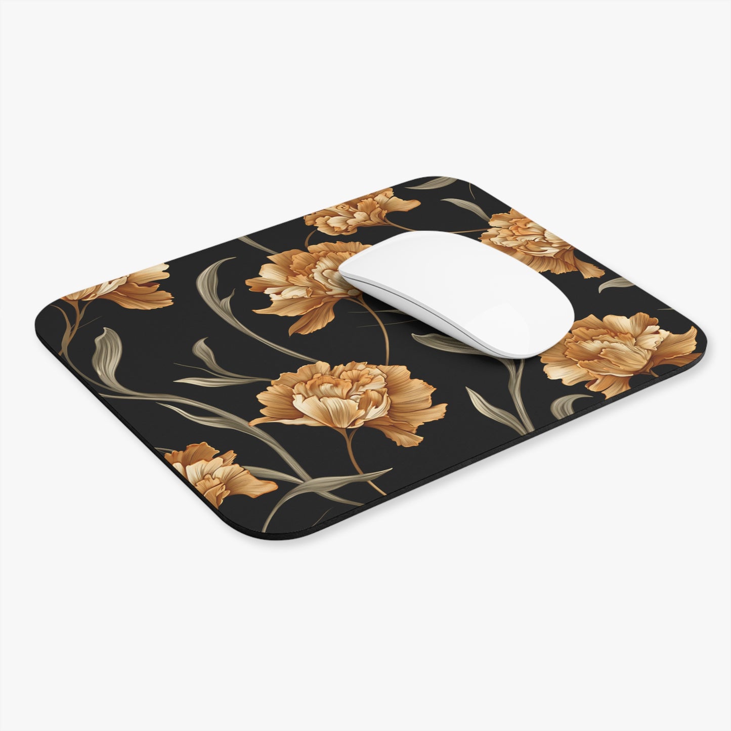 Mousepad with a dark background featuring an ornate pattern of golden-brown flowers and leaves.