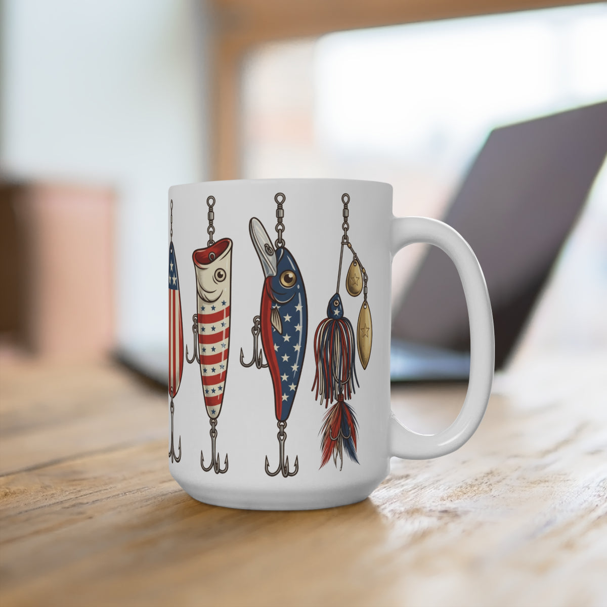 White mug with four fishing lures featuring American flag designs and fishing hooks.