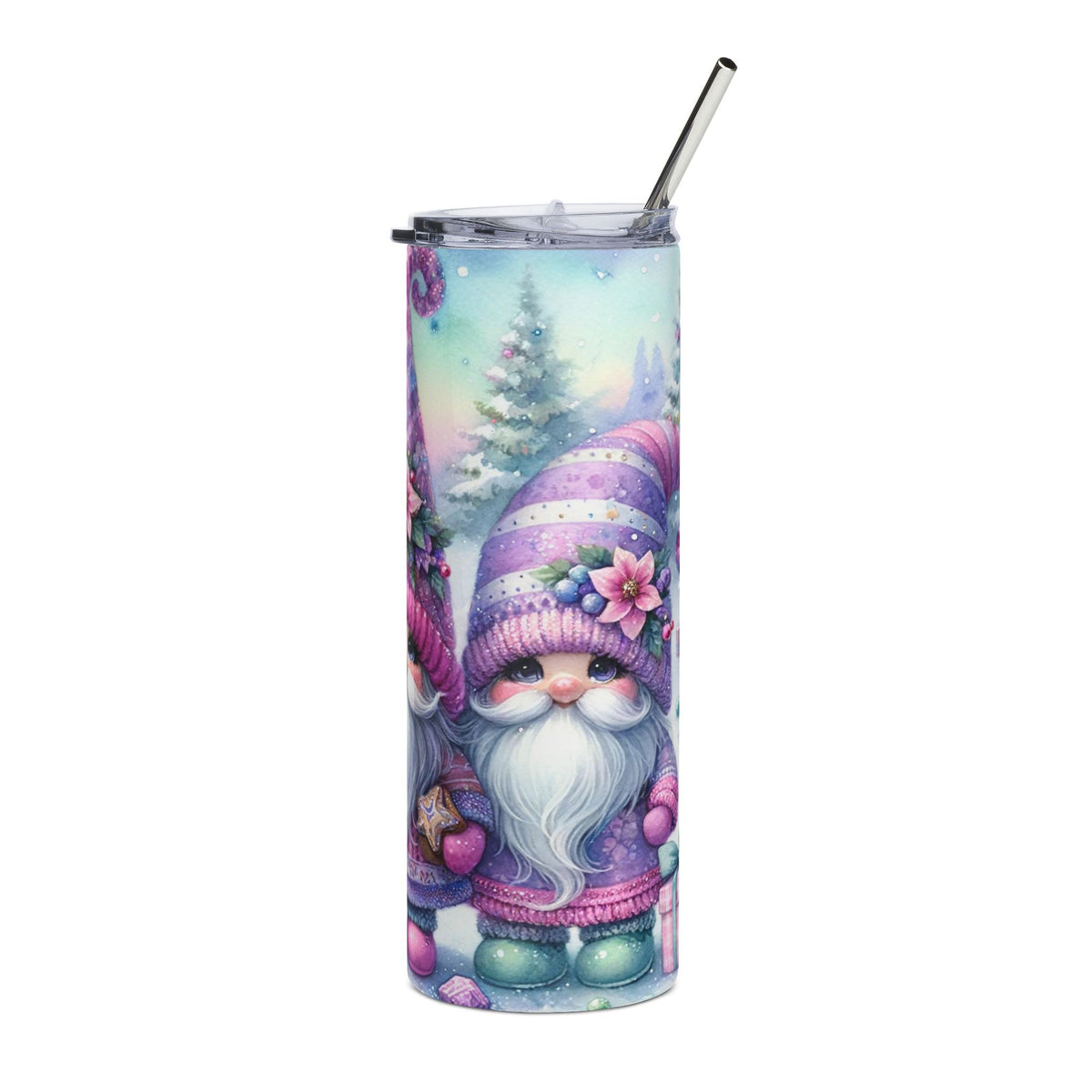 Tumbler with watercolor gnomes and winter trees on a white background.