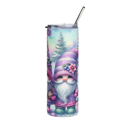 Tumbler with watercolor gnomes and winter trees on a white background.