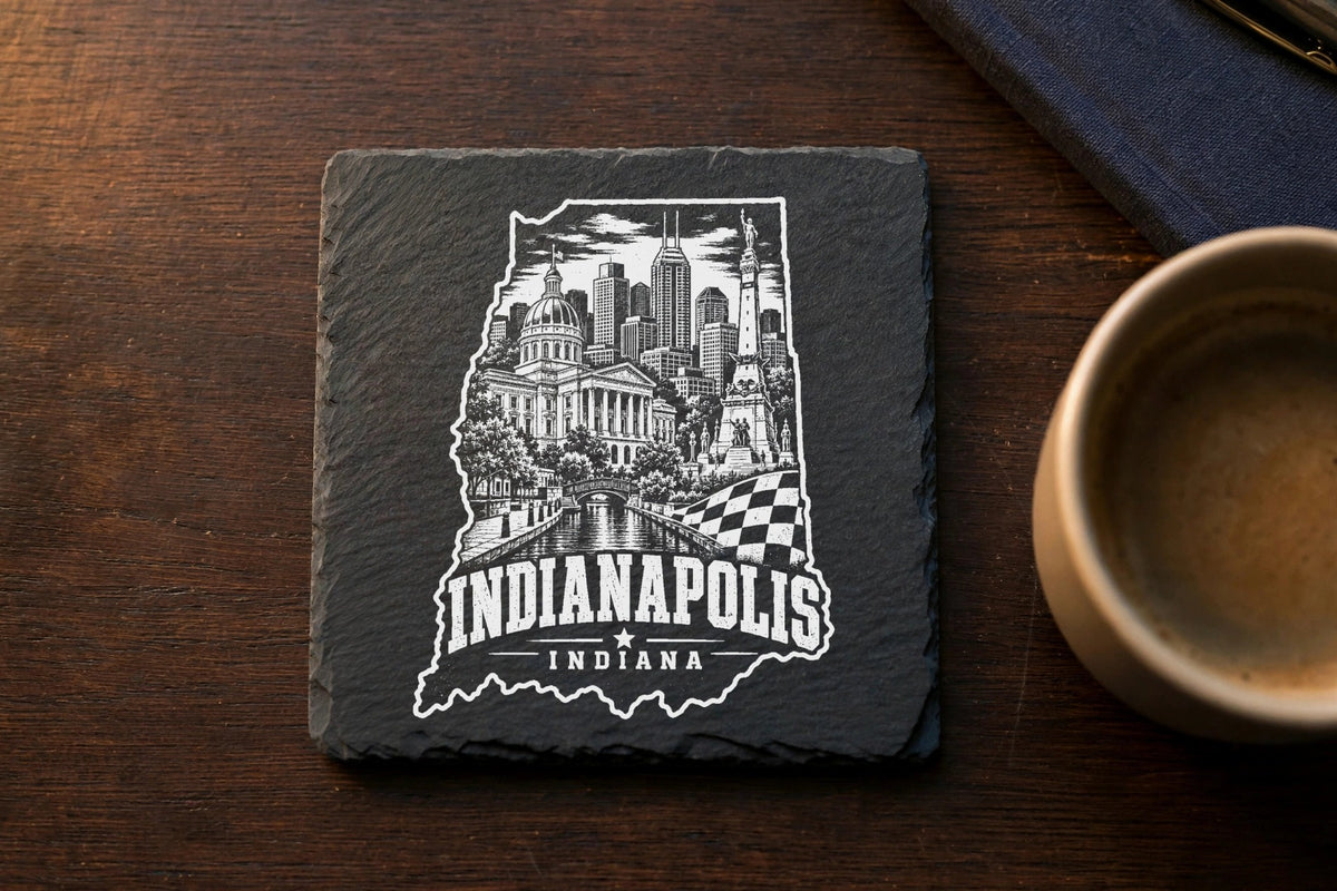 Square black slate coaster engraved with an Indianapolis skyline design and the text Indianapolis Indiana.
