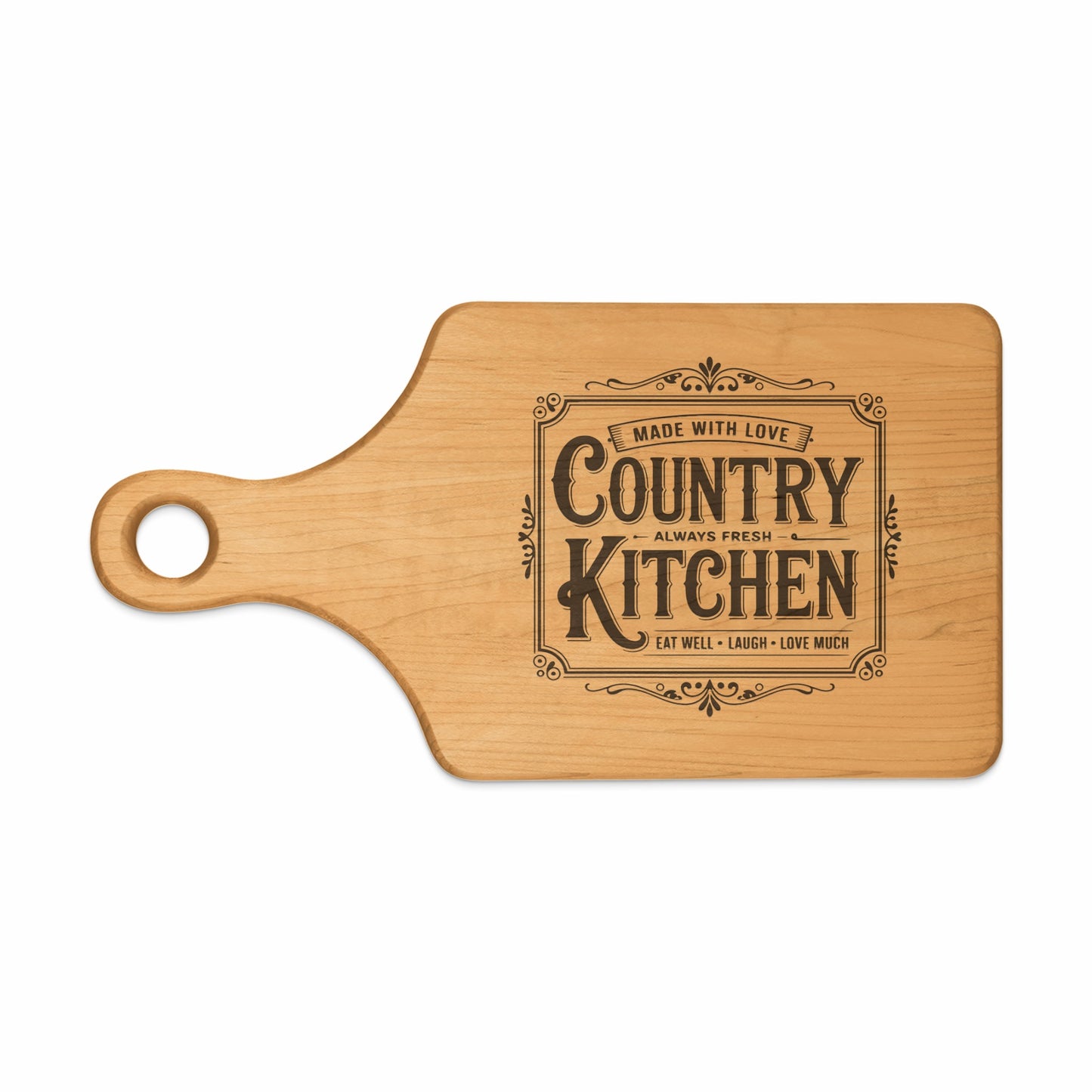 Wooden cutting board with "Country Kitchen" and decorative text.