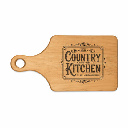 Wooden cutting board with "Country Kitchen" and decorative text.