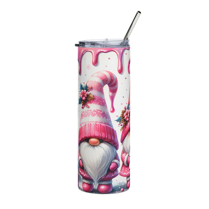 Tumbler with pink dripping icing and gnome illustration, featuring a metal straw.